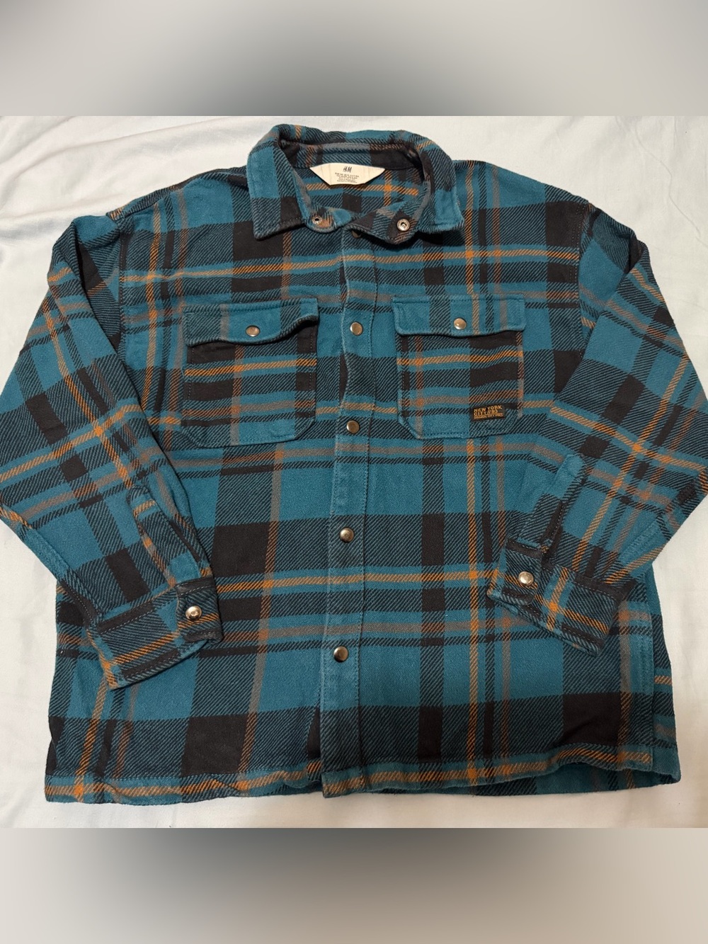 H&M Teal Plaid Button-Up Shirt Jacket with Black and Brown Stripes